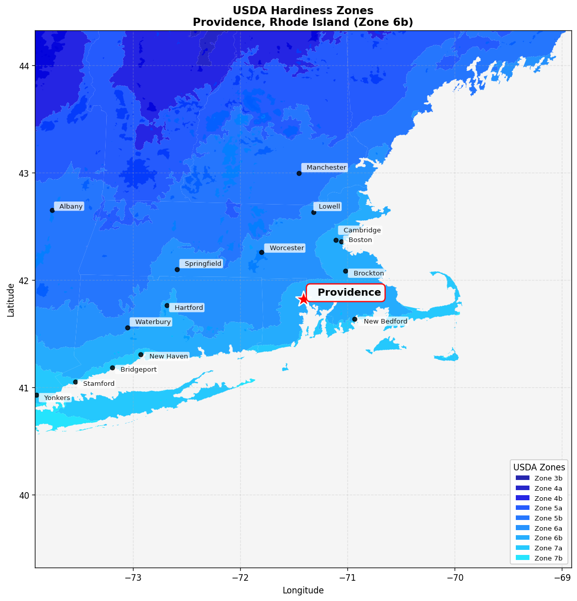 USDA Hardiness Zone 6b Map for Providence, RI